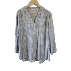 KENAR Woman 1X Linen Blend Plus Sz Top Blue White Geometric Long Sleeve V-neck